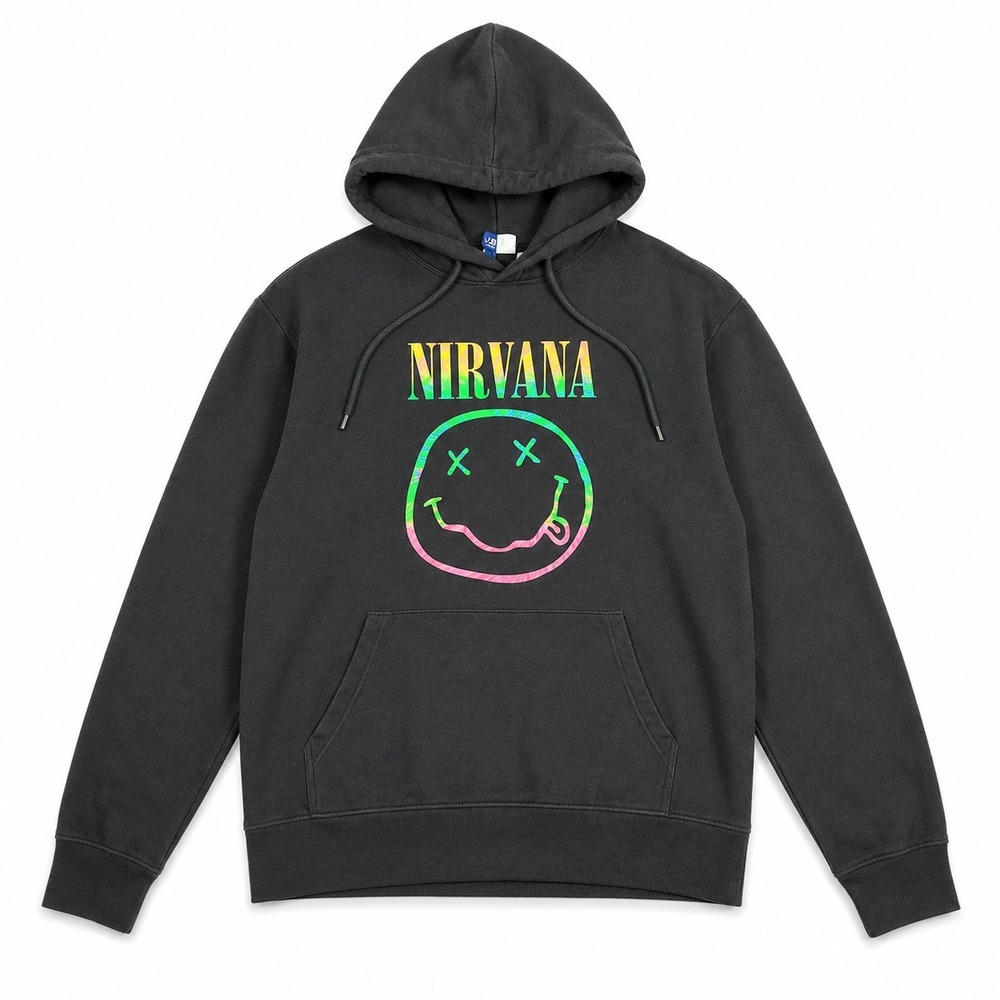 Nirvana Smiley Face Rainbow Graphic Hoodie Black Mens Medium 2020 H&M Divided